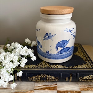 Hand Painted blue and white lidded jar, STONEWARE, NATURE scenes, birds, trees, fish, mustard jar, small pottery, rustic, FARMHOUSE kitchen