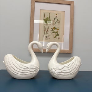 May include: A pair of white swan-shaped planters with textured wing detailing. The planters are made of ceramic or similar material and sit on a dark blue surface. A framed botanical print is visible in the background.