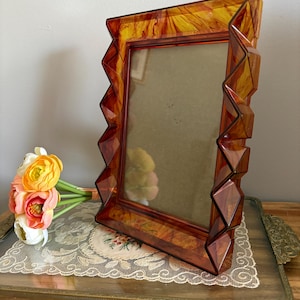 Vintage Acrylic GEOMETRIC 1970's Photo Picture frame 5 x 7 insert, tortoise shell look, apple juice colour, RETRO