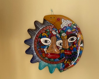 Vintage Talavera Sun and Moon Wall Hanging, Hand Painted Terracotta Folk Art