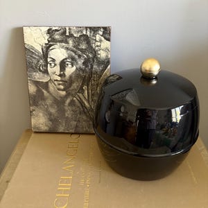 Mid-Century inspired black plastic ice bucket, made by the "Insulex" company in England, sleek and modernist, neutral bar cart decor, retro