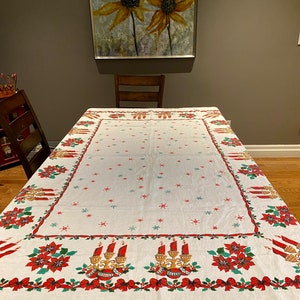 Toalha de mesa de Natal de linho vintage, Natal vintage, poinsétias, enfeites, velas, flocos de neve, mesa de Natal vintage, Natal MCM