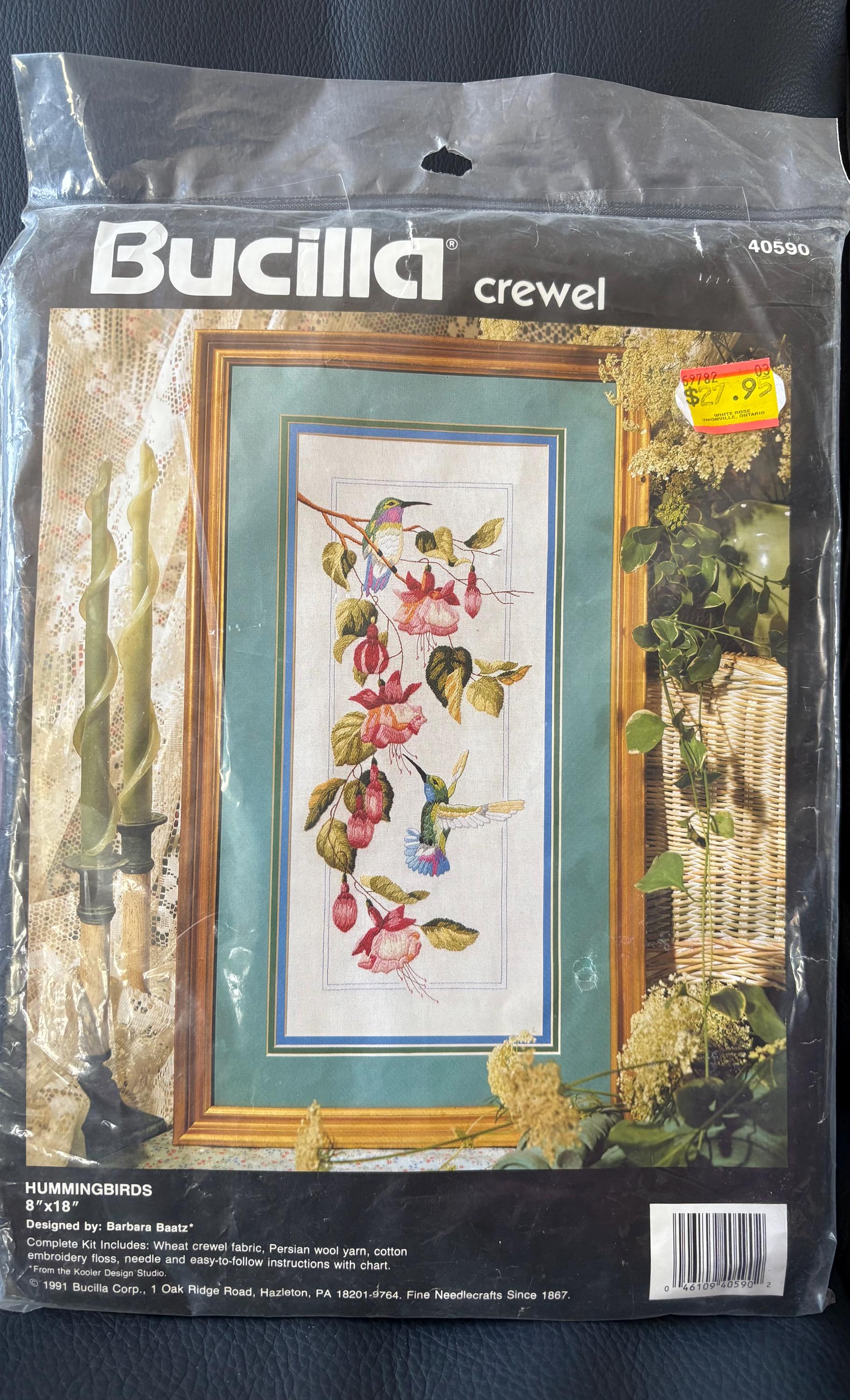 BUCILLA CREWEL kit, "HUMMINGBIRDS", 1990's kit, bird lover, hummingbird lover, opened but never started, finished size 8" x 18", florals