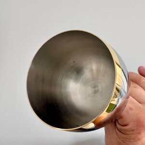 May include: A stainless steel cocktail shaker with a gold band around the top. The interior of the shaker is a brushed metal finish. The shaker is held by a person's hand against a plain white background.