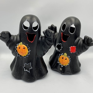 Vintage pair of  black ghost votive holders, ceramic, vintage HALLOWEEN, candle holder, matte glaze, 2000, hobbyist, jack o lanterns, decor