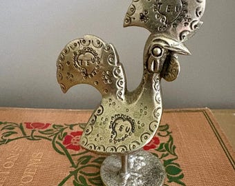Vintage Portugal ROOSTER figure, 1970&#39;s, Alpaca metal, heart and flowers Portuguese rooster, metal, good luck, hospitality, rooster, MEU/TEU