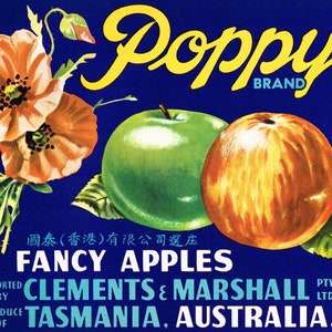 Vintage Tasmanian Apple Box Etiquetas Poppy Asia Marca Precio Especial &quot;Baker&#39;s Dozen&quot; 13 Etiquetas