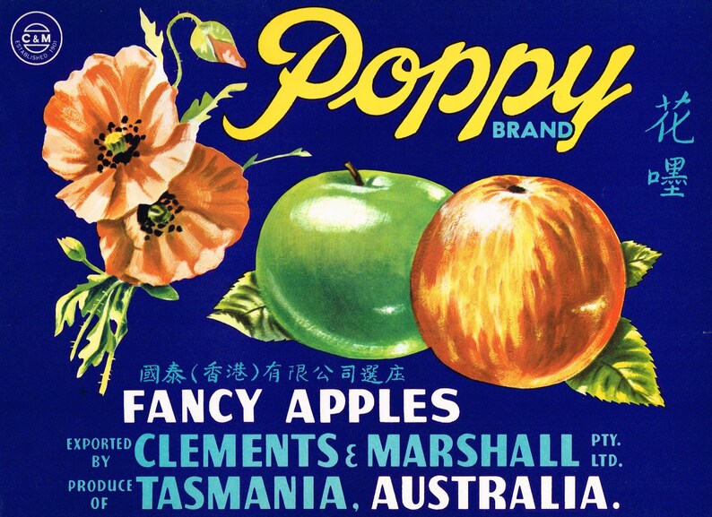 Vintage Tasmanian Apple Box Labels Poppy Asia Brand Special Etsy UK