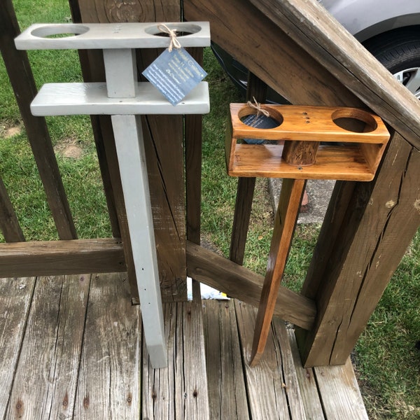 Outdoor Beer Stand / Double Drink Holder / Reclaimed Wood Tall Beverage Stake for Beach, Cornhole, Horseshoes, BBQs / MADE TO ORDER