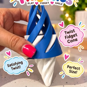 May include: A blue and white plastic twist fidget cone toy. The top features the text Fidgeties Play Fidget Smile. Three speech bubbles contain the text Twist Fidget Cone, Satisfying Twist!, and Perfect Size! The object has a spiral design.