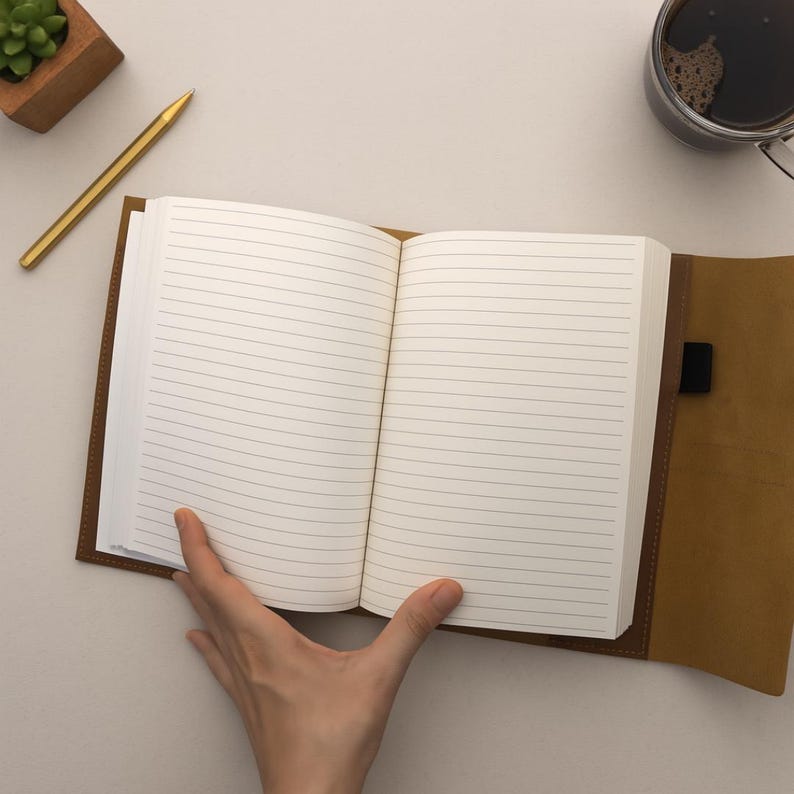 May include: An open, lined notebook with a brown leather cover. A gold pen and a small plant in a wooden pot are visible. A cup of coffee sits in the upper right corner.