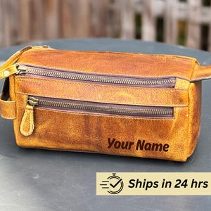 Trousse de toilette en cuir personnalisée - Fabriquée au Canada - Organiseur intérieur grand ouvert fabriqué à la main | Trousse de toilette de voyage | 10"x5"x4"