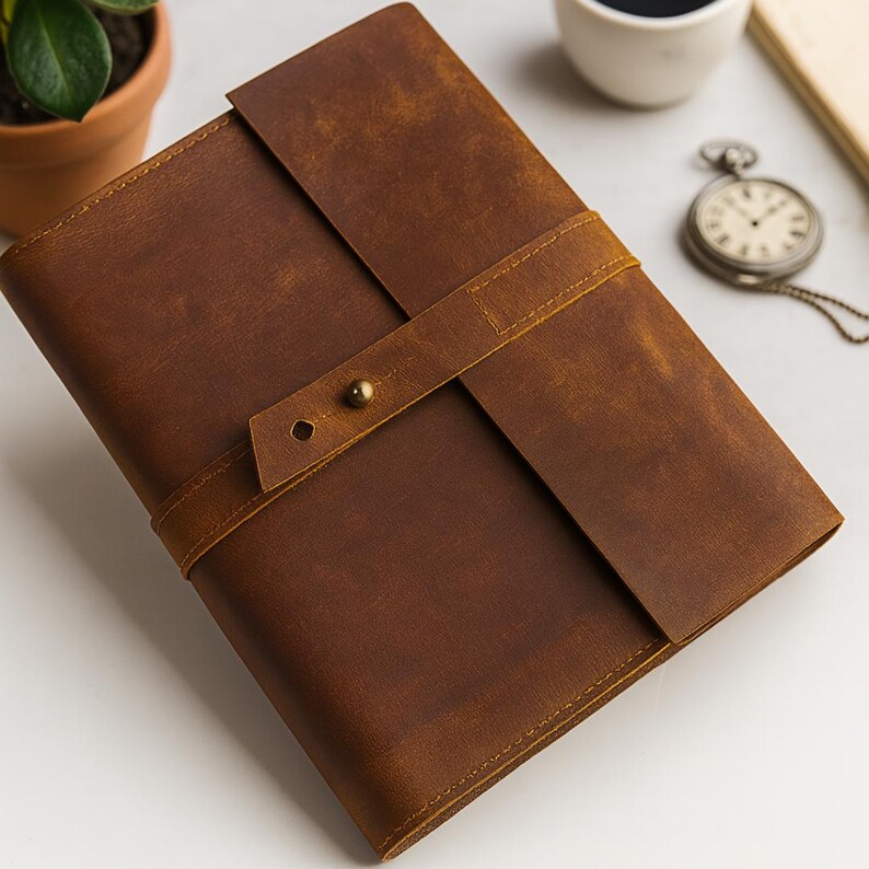 May include: A brown leather journal with a strap closure and a brass button. The journal is rectangular and has a textured surface. A small plant, a cup of coffee, and a pocket watch are in the background.