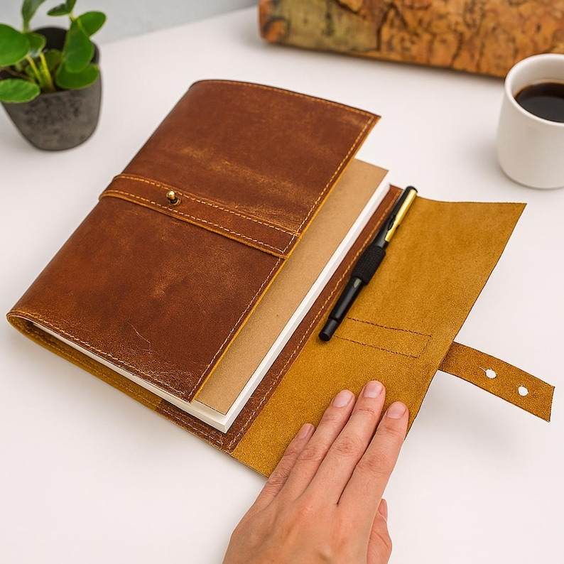 May include: A brown leather journal with a pen inside. The journal is open, revealing the pages and a black and gold pen. The cover has a strap closure with a brass button. The journal is on a white surface.