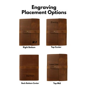 May include: Four brown leather journals with strap closures are displayed, showcasing engraving placement options. The text "Engraving Placement Options" is at the top. Each journal has a different engraving location: right bottom, top center, back bottom center, and top mid.