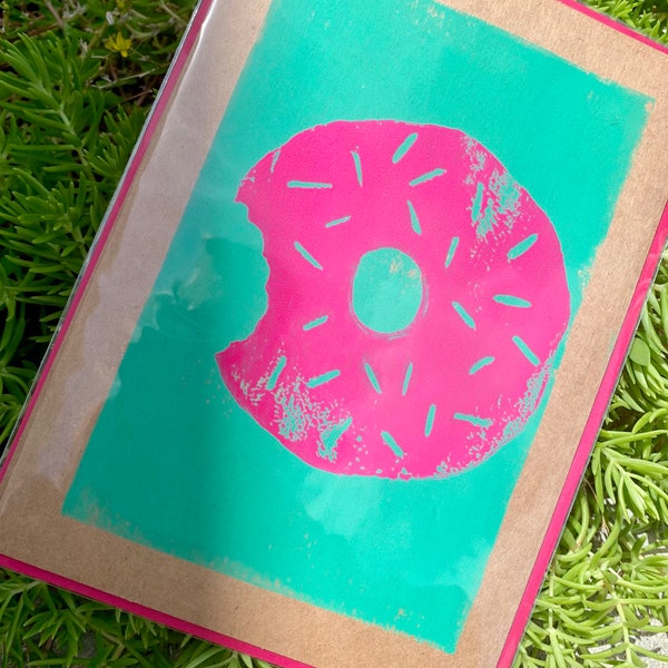 Hand-cut Linoleum Block Print Card Pop Art DONUT with sprinkles in Pink and Teal on Kraft with Magenta Envelope - Totally '80s