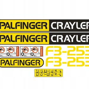 Może przedstawiać: Zestaw naklejek i kalkomanii z nazwami marek "PALFINGER" i "CRAYLER" w kolorze czarnym i żółtym. Kalkomanie zawierają symbole ostrzegawcze i numery modeli, odpowiednie dla sprzętu przemysłowego.