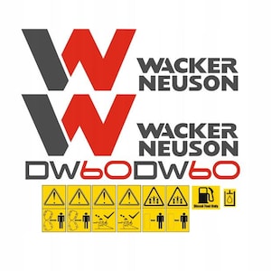 Pode incluir: Num fundo branco, o logótipo Wacker Neuson em vermelho e cinzento, com o texto "Wacker Neuson" e "DW60". Abaixo, símbolos de aviso amarelos e ícones, incluindo uma bomba de combustível e a inscrição "Diesel Fuel Only".