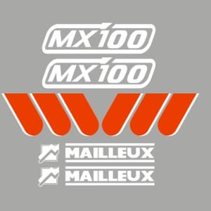May include: A gray background with white and orange graphics. The design includes two "MX100" logos, a stylized orange "W" shape, and two "MAILLEUX" logos with a graphic of a pen and a line.