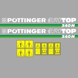 Pode incluir: Fundo cinza com texto branco e verde e símbolos de aviso amarelos. O texto inclui "POTTINGER EUROTOP 340N". Os símbolos de aviso incluem pontos de exclamação e ícones de livros.