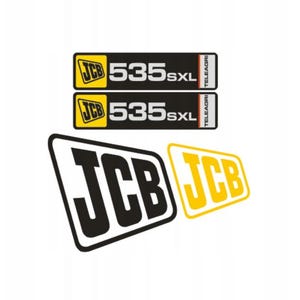 Könnte beinhalten: Eine Sammlung von JCB-Logo-Aufklebern. Zwei rechteckige Aufkleber zeigen das JCB-Logo und den Text "535SXL". Zwei zusätzliche JCB-Logos sind ebenfalls sichtbar, eines in Schwarzweiß und das andere in Gelb und Weiß.