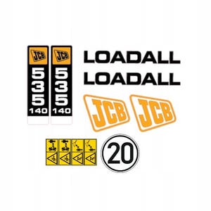 Op de afbeelding: Een verzameling JCB-stickers en -stickers, waaronder het woord "LOADALL" in zwart en de nummers "535" en "140" op een witte achtergrond. Ook inbegrepen zijn twee oranje en gele JCB-logo's en een snelheidslimietbord.