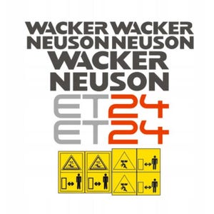 Op de afbeelding: Op een witte achtergrond staat de tekst "WACKER NEUSON" in donkergrijs, herhaald. Daaronder staat "ET24" in grijs en oranje. Gele waarschuwingssymbolen met zwarte pictogrammen van mensen en gevaren staan onderaan.