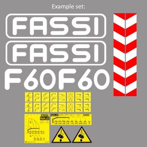 Puede incluir: Un conjunto de calcomanías y etiquetas de advertencia blancas y rojas sobre un fondo gris. Las calcomanías incluyen la marca "FASSI" y el número de modelo "F60F60". Las etiquetas de advertencia son amarillas con símbolos negros.