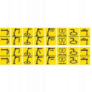 Könnte beinhalten: Eine Ansammlung gelber quadratischer Aufkleber mit schwarzen grafischen Symbolen. Die Symbole stellen verschiedene Komponenten von Industriemaschinen dar, darunter Roboterarme, Drehelemente und Richtungspfeile. Die Aufkleber sind in einem Raster angeordnet.