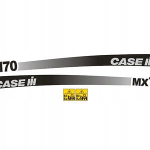 May include: Two black and grey Case MX170 decals with white lettering. The decals are angled and have a gradient effect. Two yellow warning signs are below the decals.