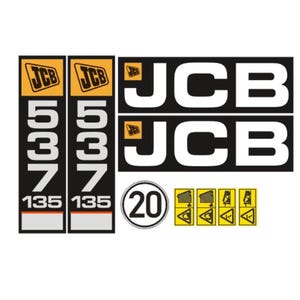 Op de afbeelding: Een verzameling zwarte en witte JCB-stickers en waarschuwingsstickers. De stickers bevatten het JCB-logo, modelnummers en een snelheidslimietbord. De waarschuwingsstickers tonen verschillende veiligheidssymbolen.