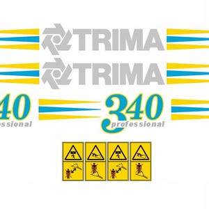 Op de afbeelding: Witte achtergrond met het woord "TRIMA" in grijs, tweemaal herhaald. Daaronder staat het nummer "340 professional" in blauwgroen en geel. De afbeelding bevat ook verschillende waarschuwingssymbolen en geel-blauwe strepen.