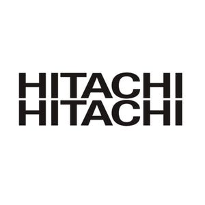 以下が含まれることがあります： 「HITACHI」の文字が2段重ねで表示されています。テキストは太字のサンセリフ体で、黒色で白い背景に表示されています。全体的にシンプルでクリーンなデザインです。