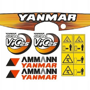 以下が含まれることがあります： 黄色とオレンジ色の背景に白い「YANMAR」ロゴが入ったステッカーのコレクション。「YANMAR GLOBAL ViC25」と「AMMANN YANMAR」の文字、および安全標識も含まれています。