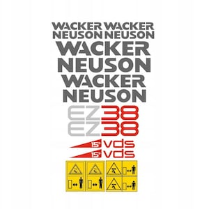 Może przedstawiać: Białe tło z powtórzonymi szarymi słowami "WACKER NEUSON". Poniżej słowa "EZ38" w kolorze czerwonym i szarym oraz czerwono-białe etykiety ostrzegawcze.