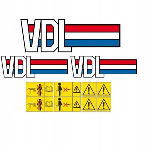 Op de afbeelding: Witte stickers met de tekst "VDL" en de Nederlandse vlag in rood, wit en blauw. De afbeelding bevat ook gele waarschuwingslabels met zwarte symbolen, die op mogelijke gevaren wijzen.
