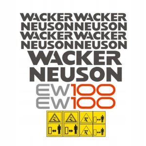 Może przedstawiać: Białe tło z tekstem "WACKER NEUSON" w ciemnoszarym kolorze, powtórzonym kilka razy. Poniżej tekst "EW100" w kolorze szarym i pomarańczowym. Na dole symbole bezpieczeństwa.