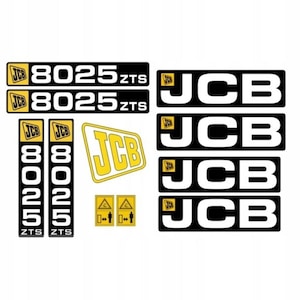 Puede incluir: Un conjunto de calcomanías y pegatinas JCB, con el logotipo de JCB en amarillo y negro. Las pegatinas incluyen el número de modelo "8025ZTS" y varios elementos de la marca JCB.