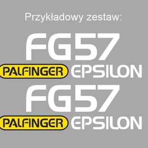 Puede incluir: Dos gráficos de texto FG57 blancos con logotipos PALFINGER EPSILON sobre un fondo gris. El logotipo de PALFINGER está en un óvalo amarillo y negro. El texto "Przykładowy zestaw:" está en la parte superior.