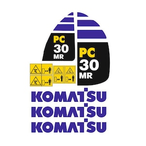 Puede incluir: Un fondo blanco presenta el logotipo de KOMATSU en azul, apilado tres veces. Encima, un gráfico negro y amarillo muestra "PC 30 MR" y símbolos de seguridad. El diseño es una combinación de texto y gráficos.