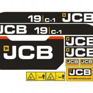 Pode incluir: Um conjunto de decalques JCB em preto e branco com detalhes em laranja e amarelo. Os decalques incluem o logotipo JCB, o texto "19 C-1" e símbolos de aviso. A palavra "INTERHANDLER" também está presente.
