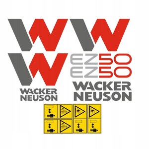 Puede incluir: Gráfico con el logotipo de Wacker Neuson en rojo y gris, el texto "EZ50" y símbolos de advertencia sobre un fondo amarillo. El logotipo incluye el texto "Wacker Neuson".