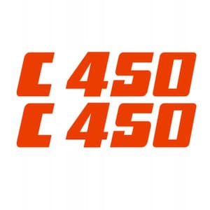 Könnte beinhalten: Zwei orangefarbene Aufkleber mit dem Text "C 450" auf weißem Hintergrund. Der Text ist in einer fetten, serifenlosen Schriftart. Die Aufkleber sind wahrscheinlich für ein Fahrzeug oder ein Gerät.