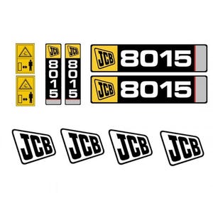 Può includere: Una collezione di adesivi e etichette di avvertimento JCB. Gli adesivi includono il logo JCB, il numero "8015" e simboli di sicurezza. La combinazione di colori è principalmente nero, giallo e bianco.