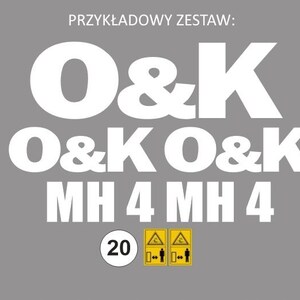 Pode incluir: Fundo cinza com texto branco: "PRZYKŁADOWY ZESTAW: O&K O&K O&K MH 4 MH 4". Abaixo, um círculo branco com o número 20. Também estão presentes dois sinais amarelos com pessoas.