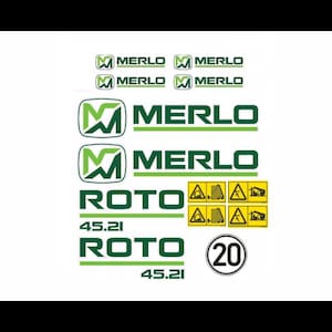 Pode incluir: Uma coleção de decalques e adesivos Merlo verdes e brancos. A imagem inclui o logotipo Merlo, a palavra "ROTO" com o número "45.21" e um sinal de limite de velocidade com o número "20".