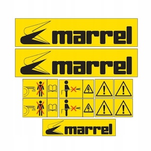 Puede incluir: Etiquetas de advertencia amarillas con texto y símbolos negros. La palabra "marrel" se muestra en tres etiquetas. Etiquetas adicionales muestran símbolos de persona, libro y peligros eléctricos.