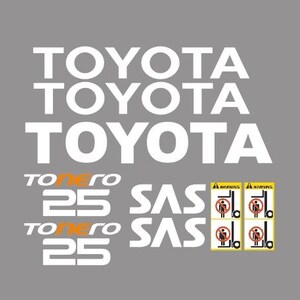 May include: White "TOYOTA" text stacked on a gray background. Additional text includes "TONERO 25 SAS" and small warning labels with a forklift symbol and a person crossed out.