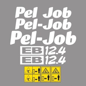 Op de afbeelding: Een grijze achtergrond met de witte tekst "Pel-Job" die driemaal herhaald wordt. Daaronder staat de tekst "EB 12.4" tweemaal. Onderaan staan vier gele waarschuwingsborden met zwarte symbolen en figuren.