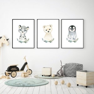 Watercolor Neutral Nursery Prints. Set of 3 Arctic Animals. Snow Leopard, Polar Bear, Penguin. Kid&#39;s Room Decor. Winter Animals Wall Art